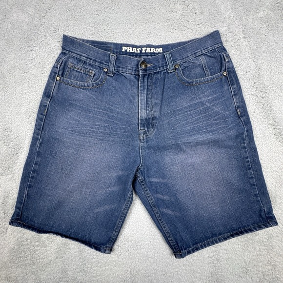 Vintage Phat Farm Jorts Jean Shorts Men's 36 Blue Baggy Wide Leg Big Pockets - Picture 2 of 12
